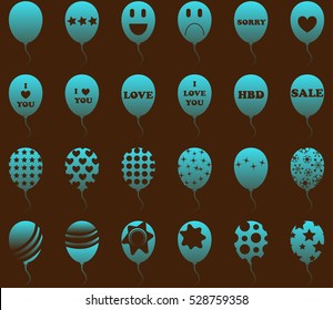 Variety neon blue fancy balloon in different pattern on brown background