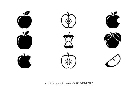 Variety of nine apple illustrations in black and white. Includes whole apples, bitten fruit, apple halves, core remnants, and a single slice. Perfect for food themes, healthy eating, recipes, and fruit-related designs.