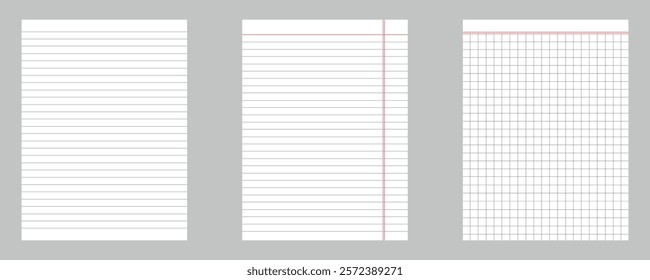 Variety of Notebook Paper Template, Ruled, Legal, and Grid Formats. Vector illustration isolated on gray background.