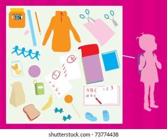 A variety of objects you might find in a girls backpack.