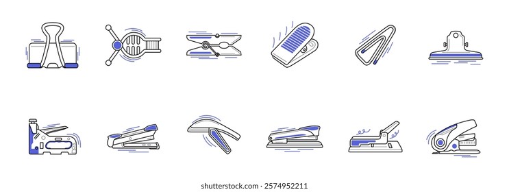 Variety of office and school stationery items including different types of clips and staplers.