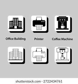 Una variedad de suministros de oficina, incluyendo una impresora, una máquina de café