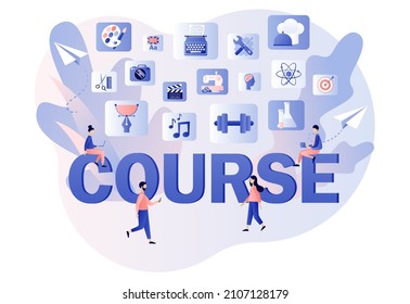 Variety online courses. Distance education. E-learning concept. Tiny people learn, watch webinars on online service or platform. Modern flat cartoon style. Vector illustration on white background