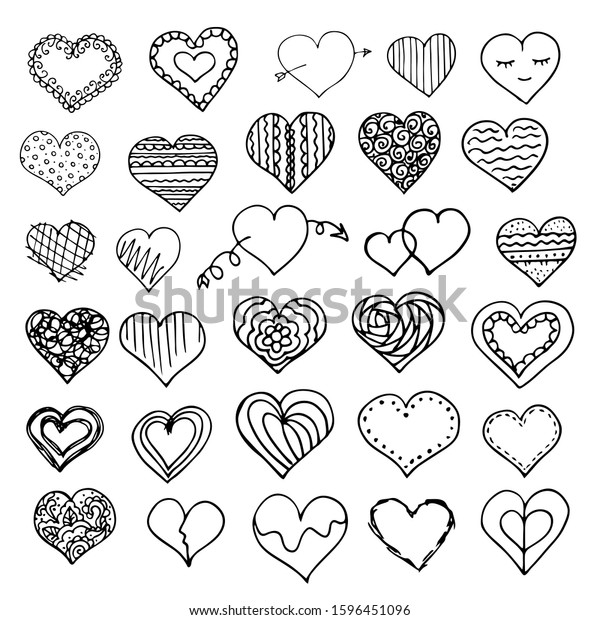 a variety of openwork patterned hearts doodles\
hand-drawn for february 14 valentines day vector stock illustration\
on a white isolated background heart with eyes and pierced arrow\
set