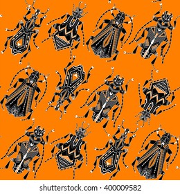 Variety of ornamental  black and white insects on a orange background. Seamless background pattern. Vector illustration