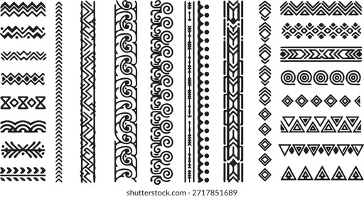Uma variedade de bordas e padrões ornamentais em preto e branco, apresentando desenhos geométricos e tribais.