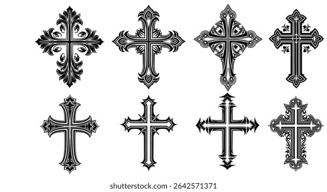 Variety of Ornamental Crosses Depicting Religious and Decorative Symbols in Black and White