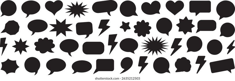  Vielfältige Packung mit leeren schwarzen Chat-Blasen, Silhouettenkästen, Comic-Wolken-Sprechblasen und minimalen Gesprächssymbolen, einschließlich Donner, Herz und Stern.