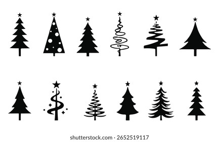 Variëteit Pakket van de Kerstboom Graphics in Zwart Geïsoleerde Silhouetten, Minimal Black Silhouette Set van Verschillende Kerstboom Ontwerpen