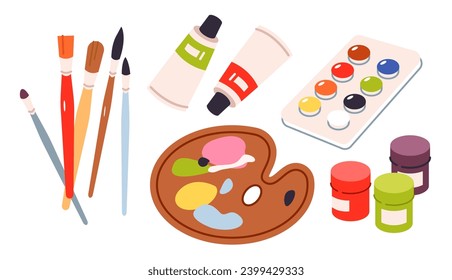 A variety of paints and brushes. Drawing materials and art supplies for drawing. Flat vector illustration