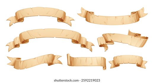 Variety of parchment ribbons in different orientations. Blank vintage paper, perfect for historical or fantasy themes. Vector cartoon illustration