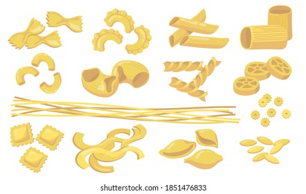 Variety of pasta set. Raw wheat macaroni, noodles, penne, ravioli, spaghetti isolated on white background. Vector illustration for ingredients, cooking, Italian cuisine, food concept