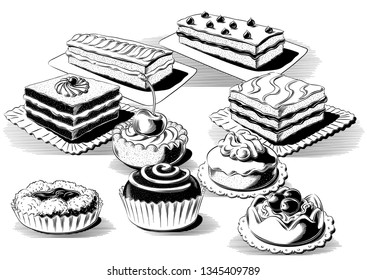 A variety of pastries and pies with cream and fruit, on a background, in black and white vector.