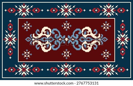 A variety of patterns in geometric shapes decorate the entire surface, designed for background decoration on fabrics and rugs.