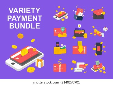 variety payment bundle illustration set. gift, card, coupon, money, coin. Vector drawing. Hand drawn style.