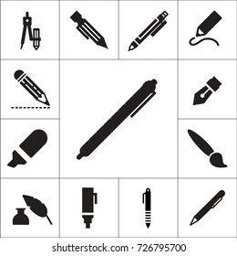 Variety of pen or pencil flat vector icon set