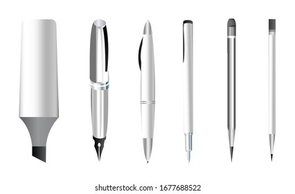 A variety of pencils and pens set in black and white. The background is separated in vector format. Concept of devices for note taking and teaching