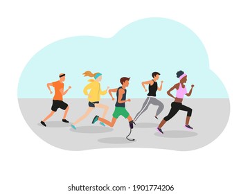 variety of people of different races and conditions, in a running race