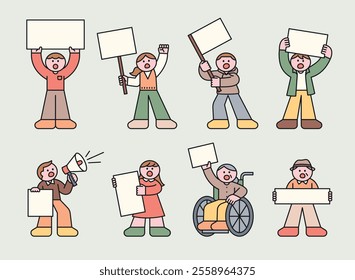 A variety of people, including young people, the elderly, and people with disabilities, are protesting, holding placards. Cuttiny character with outline.