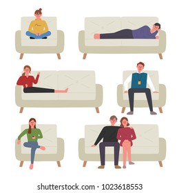 A variety of people sitting on the couch pose. hand drawing style vector illustration flat design