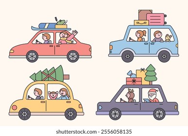 A variety of people traveling by car. Side view of car. The roof of the car is fully loaded with luggage. Family, friends, Santa, couple.