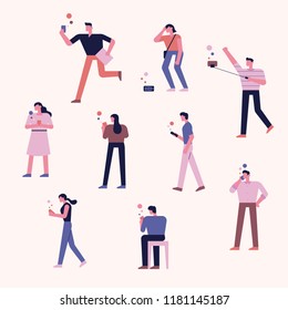 A variety of people using mobile phones. flat design style vector graphic illustration