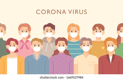 A variety of people are wearing masks and standing face to face. flat design style minimal vector illustration.