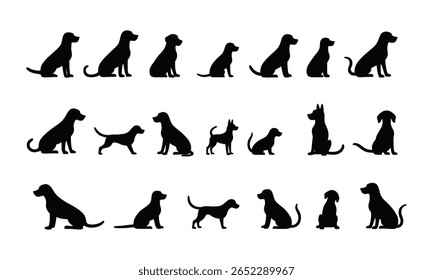 Variety of Pet Dog Silhouettes in Sitting and Standing for Artwork, Realistic Dog Silhouette Graphics in Vector Art Format