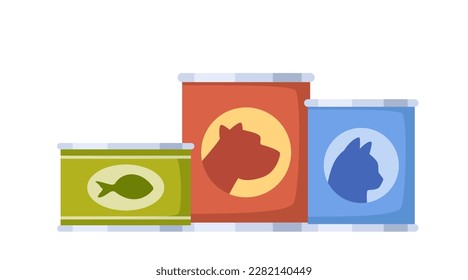 Variety of pet food for different animals. Canned food for cats, dogs and fish. Vector illustration