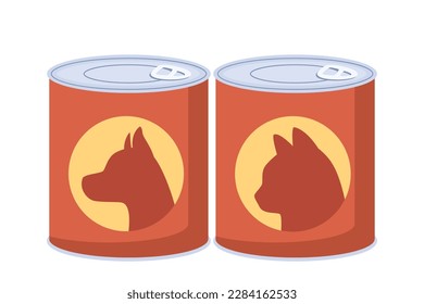 Variedad de alimentos para animales de compañía. Comida en latas para gatos, perros. Ilustración del vector