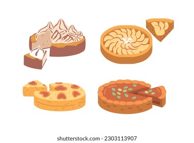 Variety Of Pies, Each With A Deliciously Cut Piece. Flavors Include Apple, And Pumpkin. Sweet Homemade Desserts