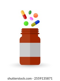 Variety of pills, capsules and tablets in multiple color and shape above a brown glass pill bottle and jar. Vector illustration isolated on white background.