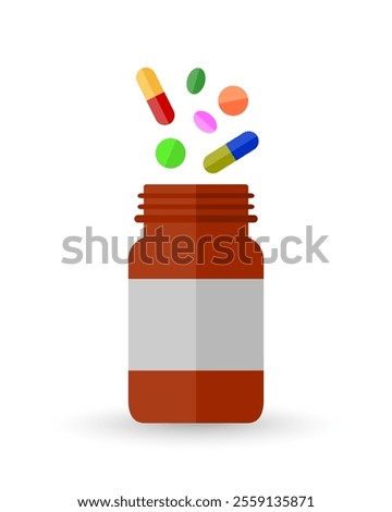 Variety of pills, capsules and tablets in multiple color and shape above a brown glass pill bottle and jar. Vector illustration isolated on white background.