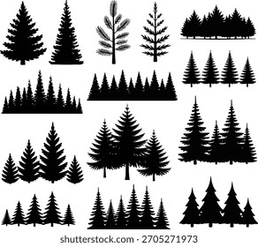 Variedad de siluetas de pino y abeto, conjunto de elementos forestales