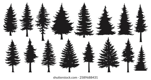 A variety of pine tree silhouettes are arranged artistically in different sizes. This collection showcases the natural beauty of evergreen trees ideal for design purposes.