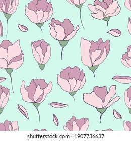 Variety of pink trendy colors. Vector illustration for applications and print. Elegant feminine round shape of floral flowers buds isolated. Garden, botanical, minimalistic floral seamless pattern.