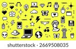 Variety of pixel art y2k vector icons with bright yellow background, representing different objects and concepts for web design.