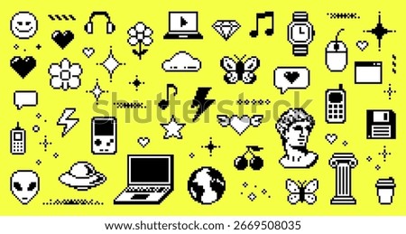Variety of pixel art y2k vector icons with bright yellow background, representing different objects and concepts for web design.