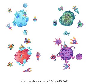 A variety of playful cartoon aliens and planets float in a vibrant outer space environment. Bright colors and fun shapes create a whimsical atmosphere perfect for children's imagination.