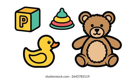 A Variety of Playthings Including Block Duck Teddy Bear and Stacking Toy