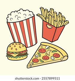 Variety of popular snack foods like popcorn, French fries, cheeseburger and slice of pizza