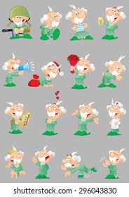 Variety of poses of an elderly grandfather in different clothes and lifestyles, with a variety of emotions and objects. Isolated cartoon style.