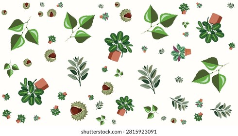 variety of potted and leafy plants with vibrant green foliage and natural elements for botanical themes and nature inspired projects