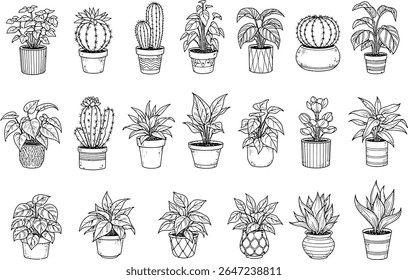 A Variety of Potted Plants and Cacti in Black and White Line Art for Home Decor and Indoor Gardening Concepts