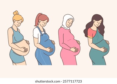 Variety of pregnant women are preparing to become mothers and attending new parenting school. Young pregnant girls of different religions hold bellies and rejoice at approaching birth