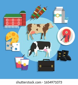 Variety of processed products from cows. Processed products from cows. Cows and products.