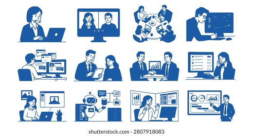 A variety of professionals engaged in business activities using computers and technology