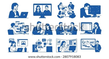A variety of professionals engaged in business activities using computers and technology