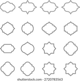 Una variedad de etiquetas y marcos decorativos de Ramadán con diseños intrincados. Cada etiqueta y marco tiene una forma y un estilo únicos, mostrando diferentes patrones y curvas. Los diseños son simétricos y adornados, adecuados para la elaboración, scrapbooking, o fines decorativos.