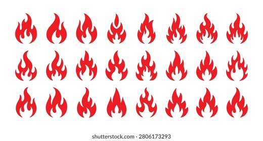 Variety of red fire flame shapes, blazing heat patterns, campfire symbols for stylized artistic design.